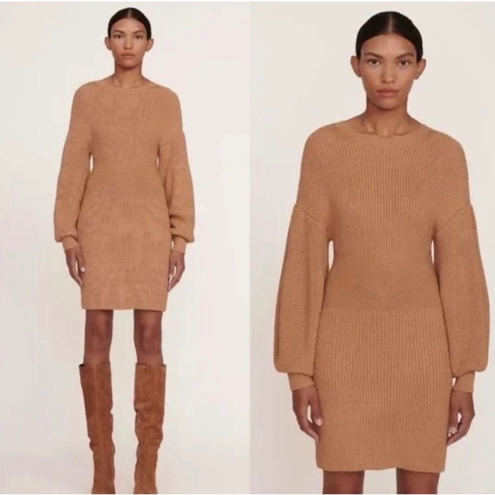 Staud Marylebone Sweater Dress XS – Camel Knit Balloon Sleeve Ribbed Mini
